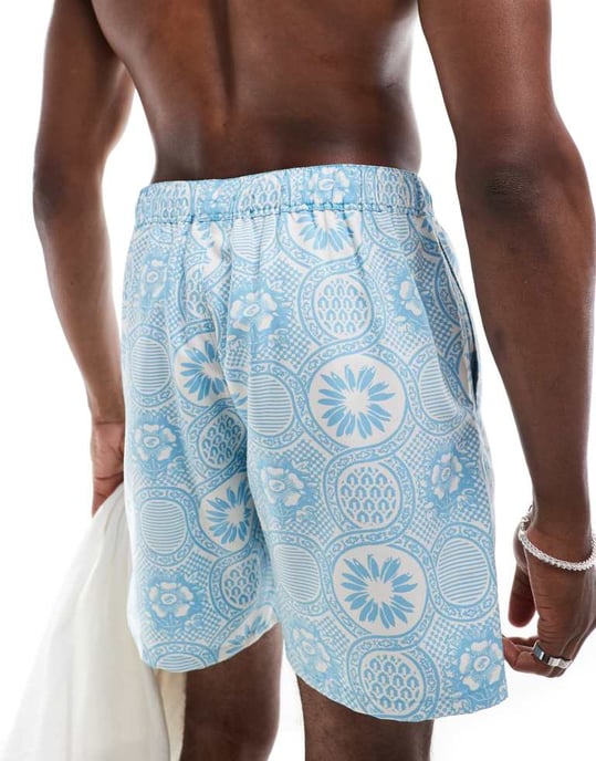 ASOS DESIGN badbyxor i medellängd i blått geometriskt mönster - Image 2