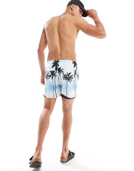 ONLY & SONS badshorts med retro palmtryck i ljusblått - Image 4