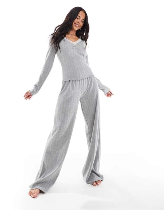 Miss Selfridge spetsdetalj pointelle långärmad topp set - Image 3