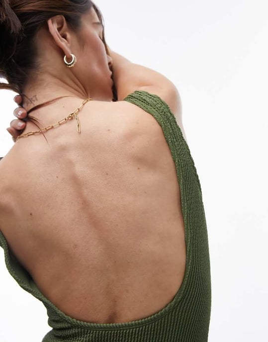 Topshop krinklad baddräkt med öppen rygg i khaki - Image 4