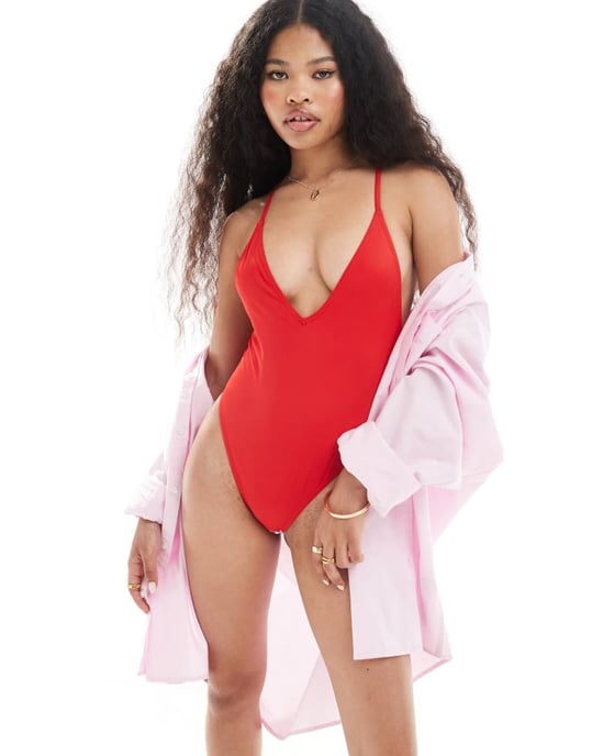 ASOS DESIGN Petite smal ryggbingers baddräkt i röd - Image 4