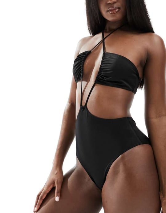 Monki bandeau-bikini med halterneck och utskärningar i svart - Image 4