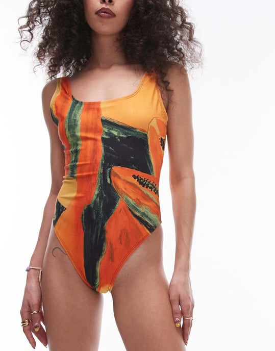Topshop scoop baddräkt i orange papaya-mönster - Image 4