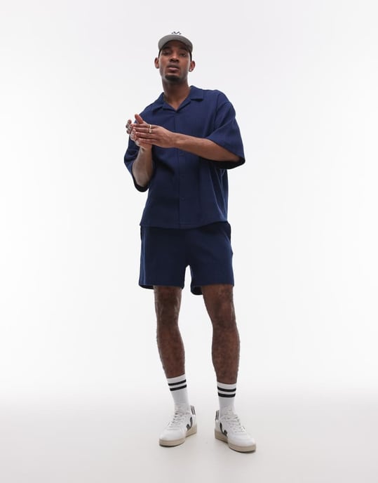 Topman relaxed fit waffle button through jersey shirt in navy - Image 2