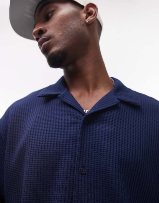 Topman relaxed fit waffle button through jersey shirt in navy - Image 3