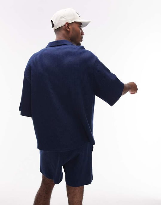 Topman relaxed fit waffle button through jersey shirt in navy - Image 4