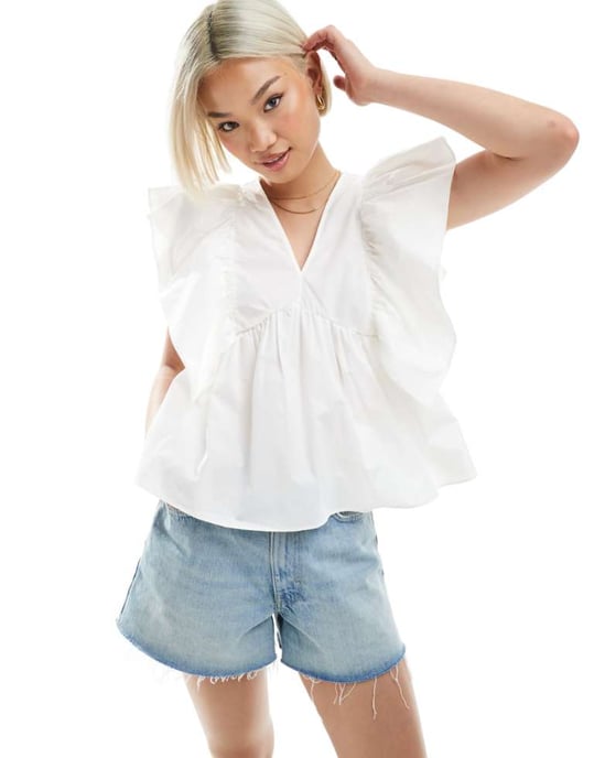 ASOS DESIGN V neck ruffle sleeve peplum top in white - Image 1