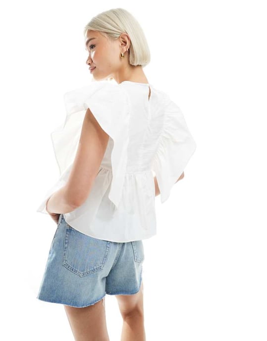 ASOS DESIGN V neck ruffle sleeve peplum top in white - Image 4