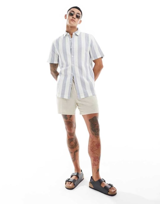 ASOS DESIGN regular skjorta i blå våffelväv med rand - Image 2