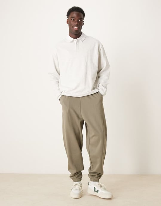 ASOS DESIGN oversized joggers with contrast stitching in khaki - Image 1