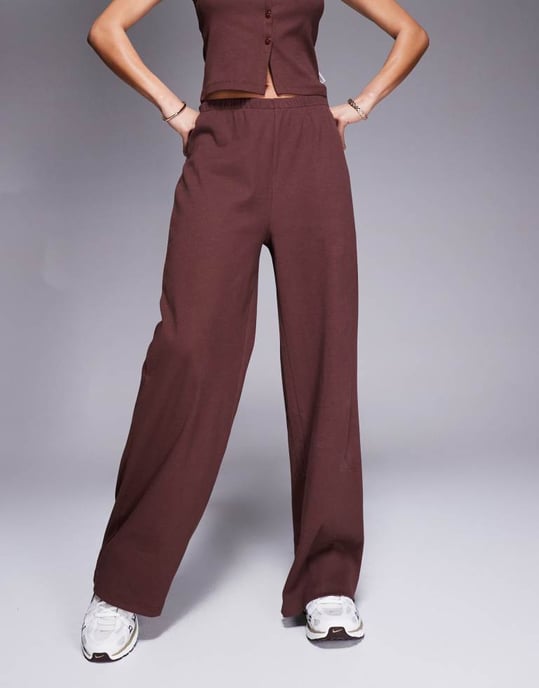 Weekend Collective co-ord ribbed wide leg joggers in chocolate - Image 2