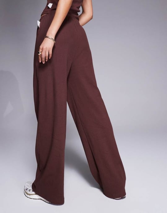 Weekend Collective co-ord ribbed wide leg joggers in chocolate - Image 4