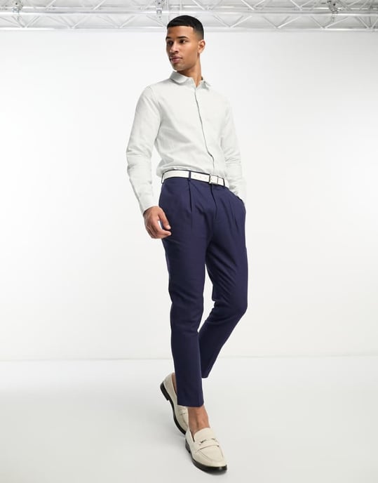 ASOS DESIGN smart tapered linen mix trousers in navy - Image 4