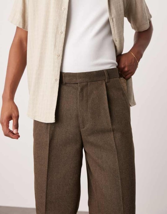 ASOS DESIGN smart oversized tapered pleated trousers in brown with wool twill - Image 3