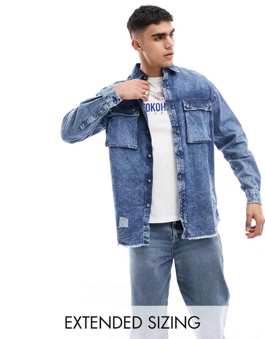 ASOS DESIGN 90-talets oversized skjorta med slitna detaljer i syraförvanskat blått - Image 1