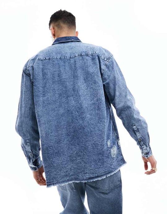 ASOS DESIGN 90-talets oversized skjorta med slitna detaljer i syraförvanskat blått - Image 3