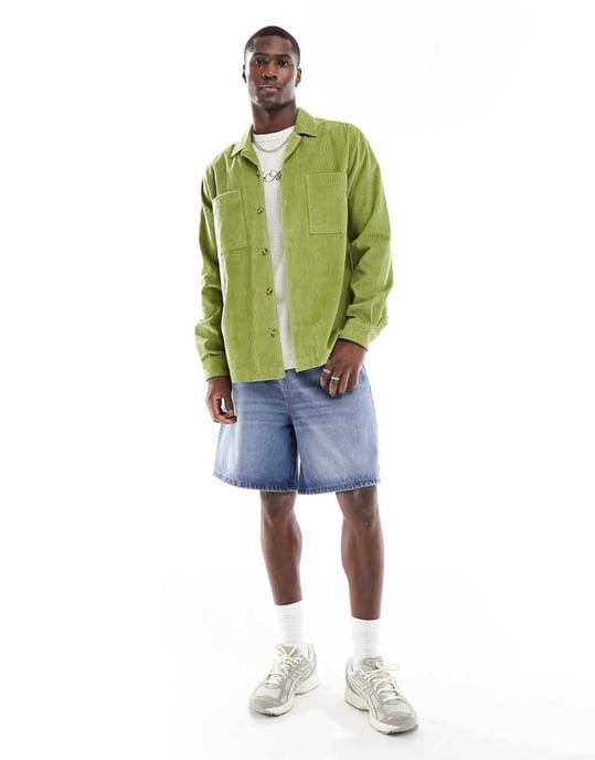 ASOS DESIGN kordjacka med återvändande krage i grön - Image 2