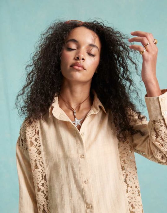 Miss Selfridge oversized spetsmix skjorta i beige co ord - Image 2