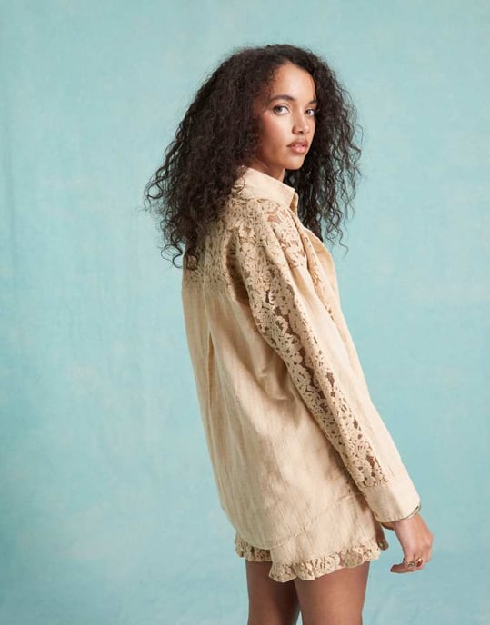 Miss Selfridge oversized spetsmix skjorta i beige co ord - Image 3