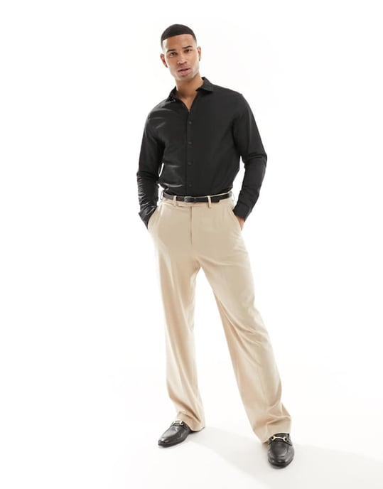 ASOS DESIGN regular smart linne skjorta med skuren krage i svart - Image 3