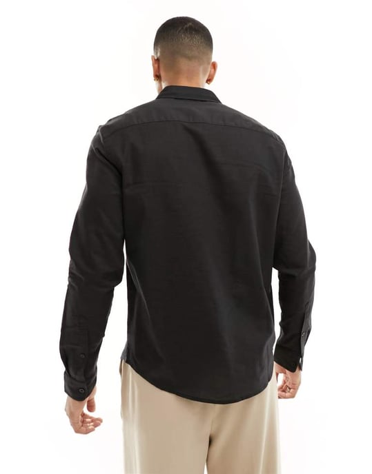 ASOS DESIGN regular smart linne skjorta med skuren krage i svart - Image 4