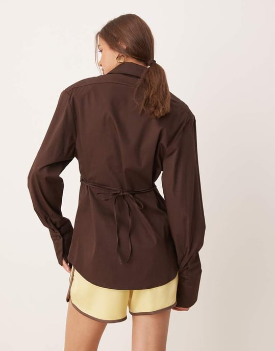ASOS DESIGN cinch shoulder pad shirt with tie back in chocolate - Image 4