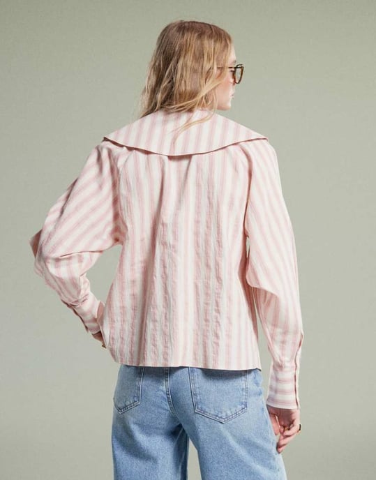 ASOS DESIGN shirt with large collar and tie detail in pink stripe - Image 2