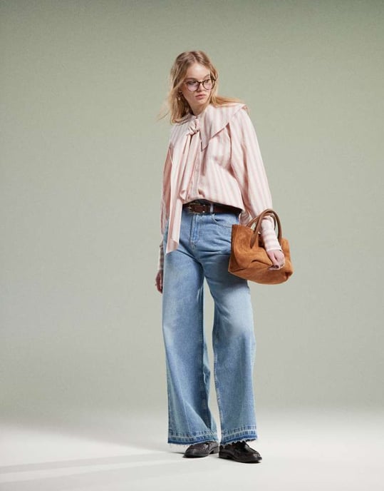 ASOS DESIGN shirt with large collar and tie detail in pink stripe - Image 3