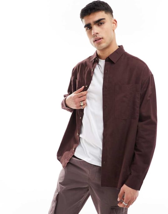 ASOS DESIGN 90-tals oversized linneblandad skjorta med fyrkantig krage i brunt - Image 1