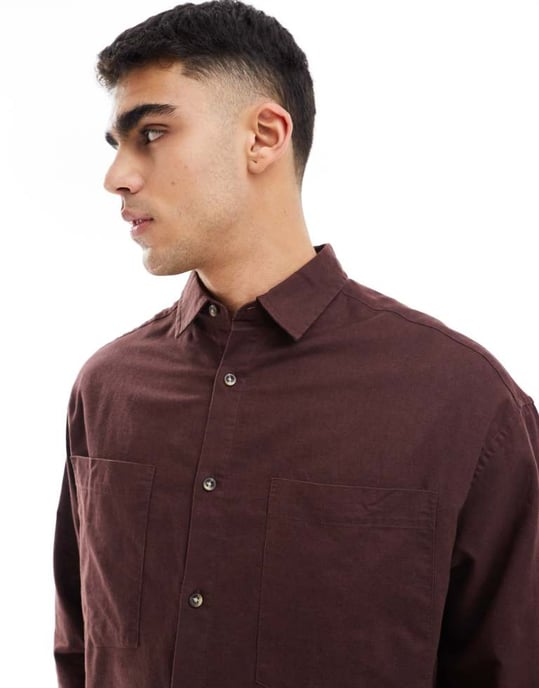 ASOS DESIGN 90-tals oversized linneblandad skjorta med fyrkantig krage i brunt - Image 2