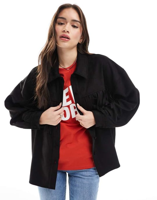 ASOS DESIGN skjorta i svart faux mocka med tofsar - Image 3
