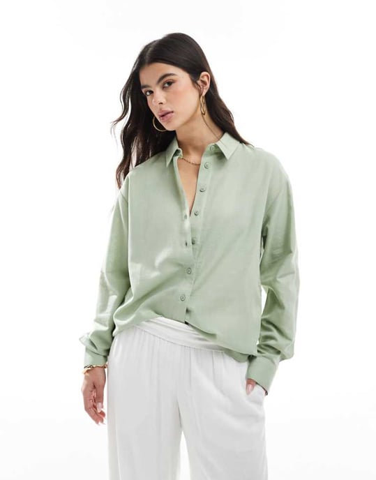 ASOS DESIGN linen blend shirt in khaki - Image 1