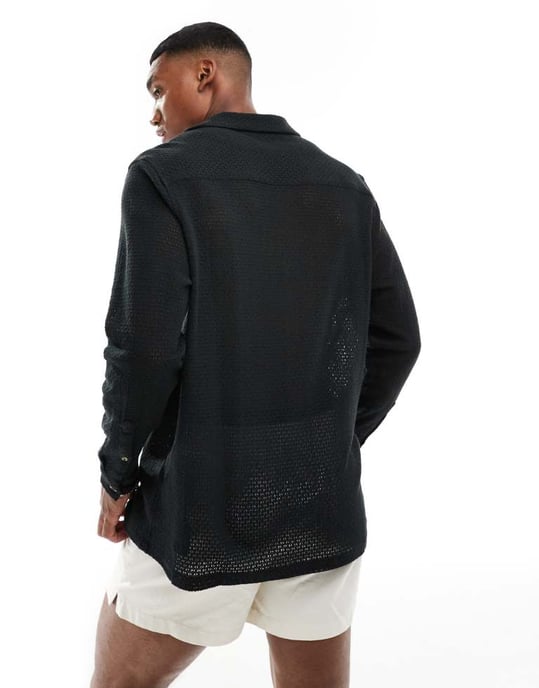 ASOS DESIGN avslappnad skjorta med djup krage i svart med textur - Image 3