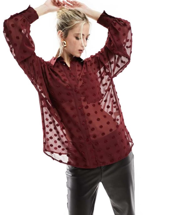 ASOS DESIGN oversized skjorta i dobby i vinröd - Image 2