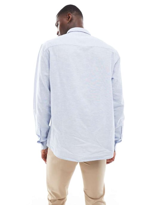 ASOS DESIGN regular smart linne bröllopsskjorta med cut away-krage i ljusblå - Image 3