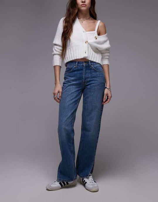 Topshop Runway mid rise straight jean with side split in mid blue - Image 1