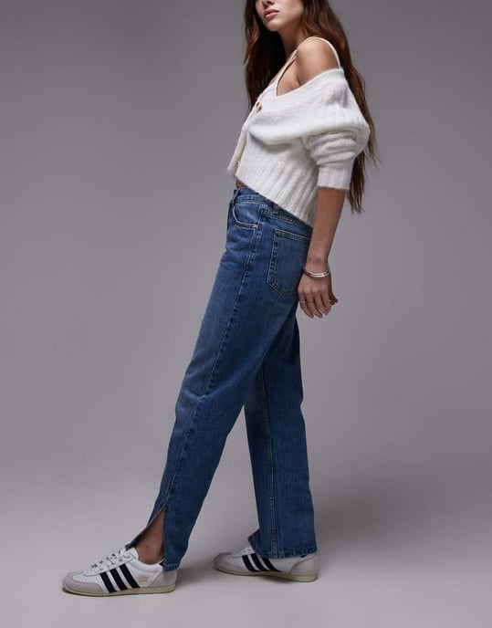 Topshop Runway mid rise straight jean with side split in mid blue - Image 3