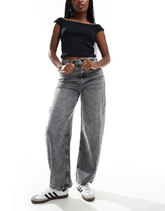 ASOS DESIGN barrel leg jeans with cinch waist in washed grey - Image 2