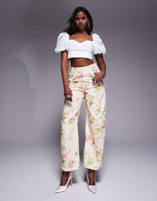 ASOS LUXE barrel leg heart pocket denim jeans in floral print - Image 1