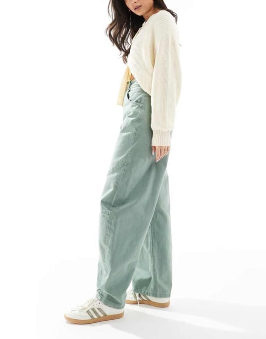 ASOS DESIGN high waisted barrel jean with seam detail in sage - Image 2