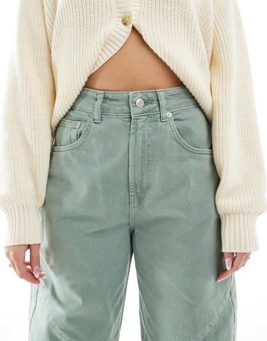 ASOS DESIGN high waisted barrel jean with seam detail in sage - Image 4