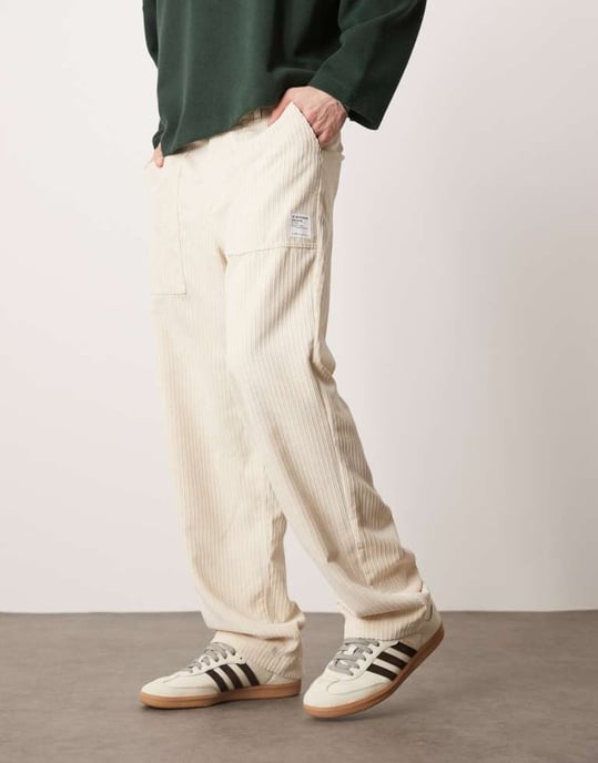 ASOS DESIGN straight fit cord trouser in cream - Image 4