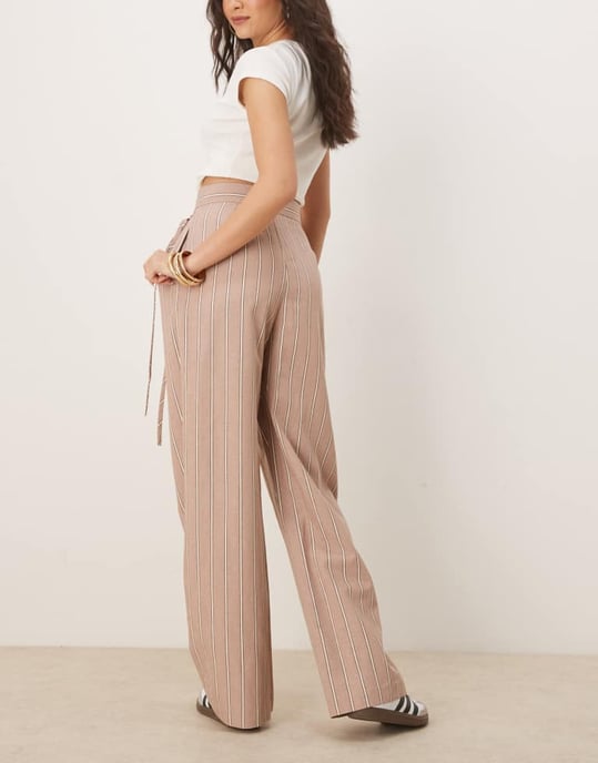 ASOS DESIGN tailored wrap tie trousers with linen in mink stripe - Image 3