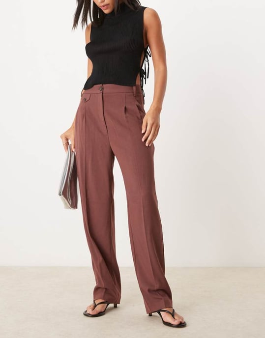 ASOS DESIGN tab detail straight leg tailored trouser in burgundy - Image 1