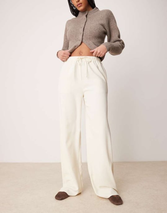 ASOS DESIGN Tall linen look tailored tie waist pull on trousers in buttermilk - Image 2