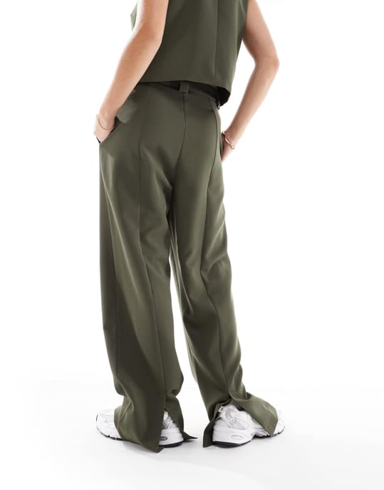 Pieces tailored multiway button leg trouser co-ord in khaki - Image 2