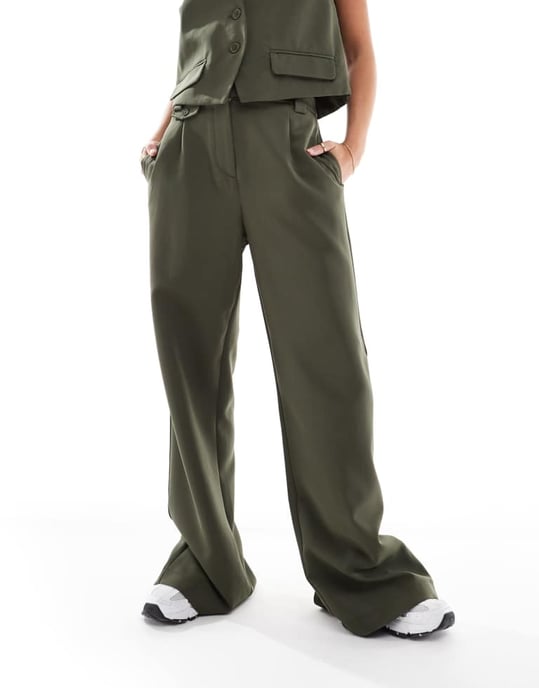 Pieces tailored multiway button leg trouser co-ord in khaki - Image 4