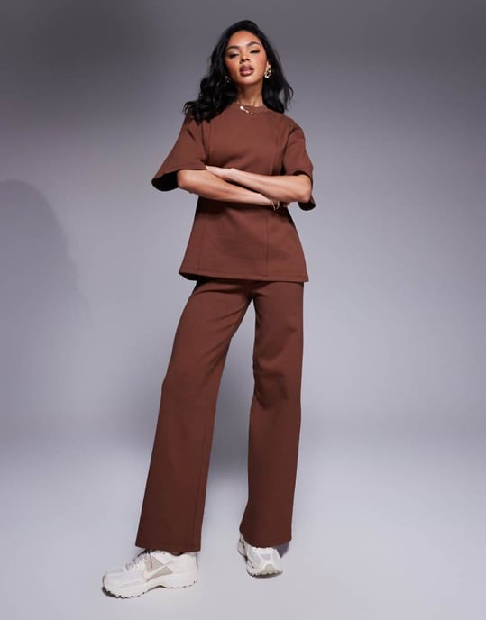ASOS DESIGN interlock wide leg trousers co ord in brown - Image 1
