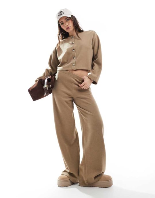 Miss Selfridge soft rib wide leg trouser in beige - Image 1
