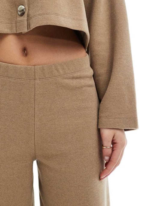Miss Selfridge soft rib wide leg trouser in beige - Image 2